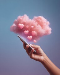 Aufkleber - Smartphone with Social Media Notifications and Floating Hearts Cloud Symbolizing Digital Connection and Engaging Online Interaction for Modern Communication