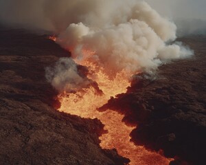 Aufkleber - Molten Lava Flow and Cracked Earth Surface with Volcanic Steam in Moody Dramatic Light Showcasing Earths Thermal Energy and Geological Transformation