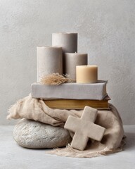 Aufkleber - Minimalist Faith Still Life with Neutral Candles, Linen Cross, Stacked Hymnals, and Stone Textures for Spiritual Wellness and Calm Decor