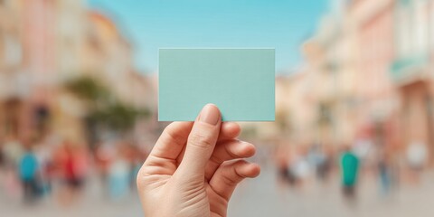 Poster - Urban Health and Safety Concept with Hand Holding Blank Card in Vibrant City Center Showing Travel and Public Participation Readiness
