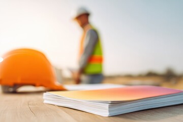 Poster - Safety Compliance Documentation with Construction Supervisor in Background at Outdoor Job Site - Risk Assessment and Regulatory Adherence Concept