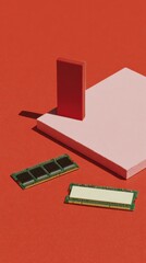 Aufkleber - Modern High Bandwidth Memory Modules Displayed with Minimalist Red and Pink Surfaces Highlighting Advanced Semiconductor Technology for Next-Gen Computing