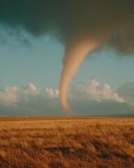 Aufkleber - Dramatic Tornado Funnel Cloud Over Golden Farmland at Sunset Capturing Extreme Weather and Natural Power for Meteorology and Climate Awareness