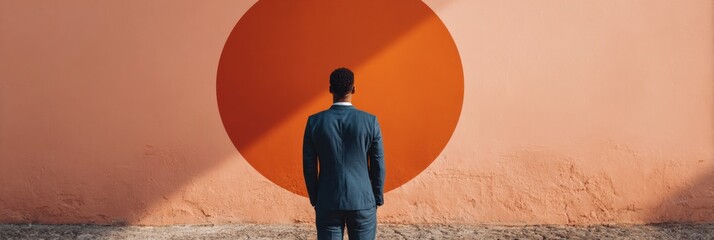 Poster - Confident Businessman Facing Large Target Symbol on Textured Concrete Wall with Warm Golden Hour Lighting for Strategic Goal Achievement and Focused Success