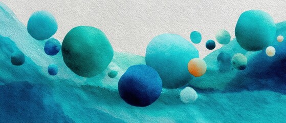 Poster - Cyan Hue Watercolor Paint Splatters and Drips on White Paper with Organic Shapes and Dynamic Movement for Creative Workshops and Art Marketing