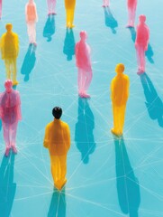 Aufkleber - Transparent Human Figures Connected by Digital Network Grid Representing Collective Bargaining and Structured Teamwork in Modern Business Collaboration