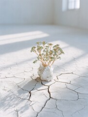 Aufkleber - Drought resilience concept with cracked dry earth and small plant in Scandinavian minimalistic bright room for environmental awareness campaigns