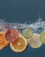 Poster - Vibrant Citrus Fruit Slices with Dynamic Water Splash on Dark Background for Health and Beverage Advertising Highlighting Freshness and Energy