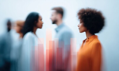 Aufkleber - Modern Business Meeting with Transparent Overlapping Charts and Diverse Professionals Focused in Discussion for Marketing and Innovation
