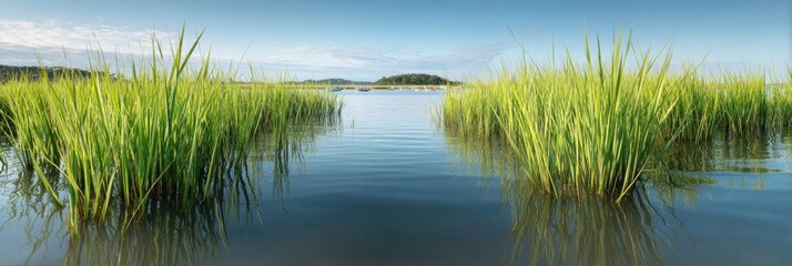 Aufkleber - Coastal Tidal Flooding with Dense Marsh Grass in Clear Water - Sustainable Wetland Ecosystem Highlighting Biodiversity and Shoreline Protection Resilience