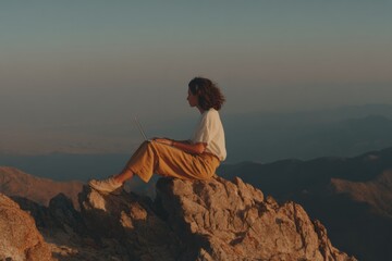 Aufkleber - Remote Digital Voter Registration on Mountain Peak Young Woman Using Laptop to Complete Online Form Embracing Freedom and Modern Civic Engagement