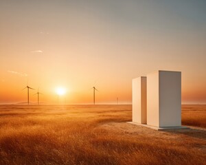 Poster - solar inverter and wind turbines in golden hour sunset, modern renewable energy storage and sustaina