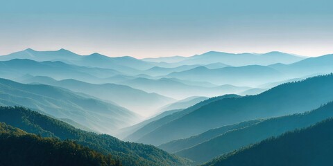 Poster - Smoky Mountains Sunrise Skyline with Layered Mountain Silhouettes and Morning Mist, Aerial View for Nature Tourism and Scenic Getaway Promotion