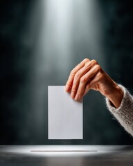 Poster - Modern Voting Process Hand Placing Blank Ballot into Secure Polling Box Symbolizing Peaceful Democratic Participation and Civic Engagement