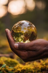 Poster - Transparent Crystal Globe Held in Hand Over Mossy Forest Floor Reflecting Nature, Symbolizing Global Sustainability and Environmental Stewardship