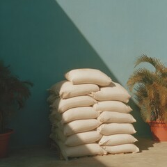 Poster - Industrial Sandbags Stacked on Pallet in Warehouse with Natural Light and Tropical Plants Representing Organized Emergency Supply Logistics