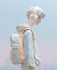 Aufkleber - Digital nomad sculpture of a young traveler with headphones and backpack in white marble, glowing accents, modern lifestyle, tech trend, inspirational youth concept