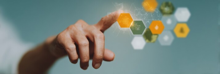 Poster - Modern Consumer Protection Interface with Digital Regulation Hexagons and Security Icons for Corporate Compliance and Business Innovation