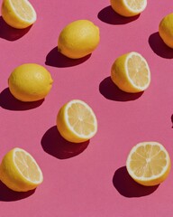 Poster - Vibrant Patterned Lemons Casting Shadows on Bright Pink Background - Trendy Food Flatlay for Fresh, Playful Branding and Digital Marketing Content