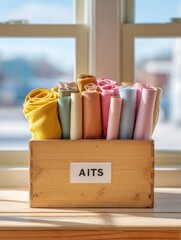 Poster - Cozy Rolled Fabric Bundle in Wooden Box by Sunny Window for Crafting and Interior Design - Natural Textures and Soft Pastel Colors