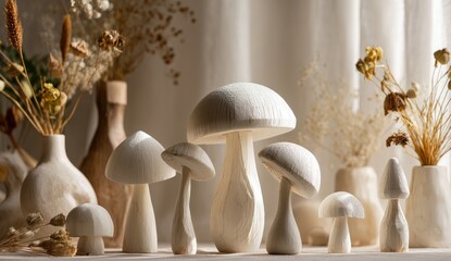 Aufkleber - Soft light illuminates a collection of carved white mushroom sculptures arranged with dried floral arrangements in minimalist ceramic vases