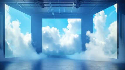 Poster - Clouds displayed on screens within a blue virtual studio environment during a creative session, clouds on screens in blue virtual studio