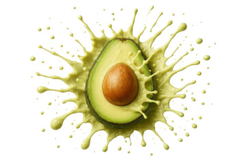 Poster - Halved avocado splashing with smooth green sauce, generating dynamic movement against clean transparent backdrop