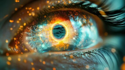Poster - Futuristic eye displaying intricate data patterns and digital elements for advanced technology perspective, Wide view of an eye engaged in a futuristic data stream visualizing the potential