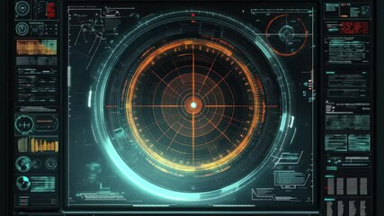 Poster - Advanced radar GUI screen displaying technology interface with dynamic data visualization, radar GUI screen able technology background