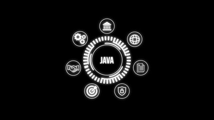 JAVA High-tech digital interface representing JAVA chain system, featuring neon icons for security, goals, documents, and global connectivity on a dark futuristic background.