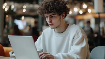 Poster - Young man with curly hair focused on laptop in modern workspace, Young man with curly hair working on laptop in modern setting