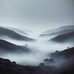 Poster - The foggy mountains are covered in trees and the sky is cloudy