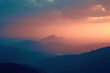 Poster - A mountain range with a beautiful sunset in the background