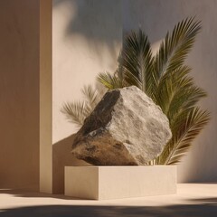 Aufkleber - A large grey rock rests on a light beige cube, partially obscured by lush green palm fronds, bathed in soft, warm sunlight against a textured beige backdrop