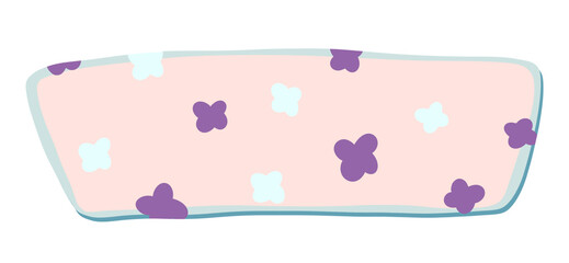 Poster - a single rounded rectangular graphic element, designed with a soft pink background and scattered light blue and purple quatrefoil shapes.