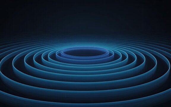 Abstract 3d rendering of concentric blue curved ribbon shapes against a dark gradient background creating depth