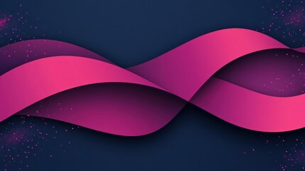 Fototapete - A vibrant pink ribbon gracefully curves against a dark blue backdrop with scattered pink particles accenting
