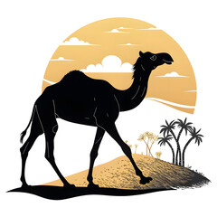 Fototapete - A full-body black silhouette of a camel with one hump, standing in a side profile with clear outlines and minimalistic design.