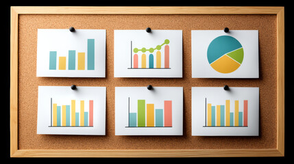 Poster - bar chart and pie chart infographic pinned on cork board showing colorful data visualization and bus
