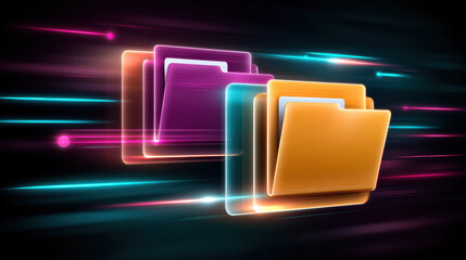Poster - Digital glowing folder icons in orange and purple with motion blur effect, symbolizing fast data transfer and technology innovation