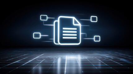 Poster - Glowing digital document icon with connected nodes on futuristic grid background representing data sharing and technology