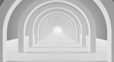 Poster - Futuristic White Tunnel Archway with Repeating Curves and Bright Light at End
