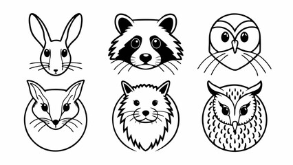 Poster - Illustration of six animal faces including a rabbit raccoon fox and owls with simple line art style created with generated ai