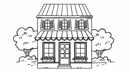 Poster - illustration of a two story building with awning, trees, and flower boxes in a black and white style