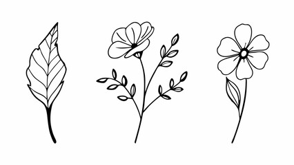 Aufkleber - Illustration of three floral elements including a leaf and two different flower designs in black outline created with generated ai