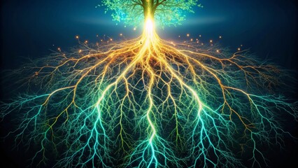 Luminous Tree Roots A vibrant, intricate network of glowing roots extending from a radiant treetop, symbolizing interconnectedness and growth.