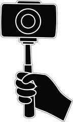 Poster - Vector icon design of hand holding a camera on a selfie stick, hand holding a camera on a selfie stick silhouette and line art premium quality vector design