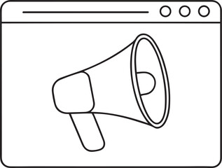 Poster - Vector icon design of megaphone inside a browser window, megaphone inside a browser window silhouette and isolated line art vector icon design