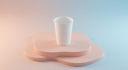 Poster - White Paper Cup on Pink Heart-shaped Platform in Soft Pastel Colors