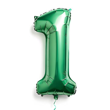 A balloon shaped like the number 1,emerald green metallic finish with realistic reflections and smooth texture.